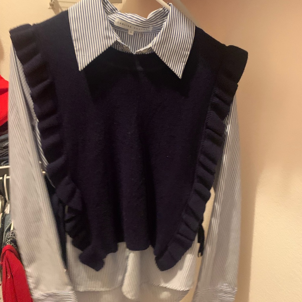 English Factory Dark Blue Ruffled V-Neck Sweater